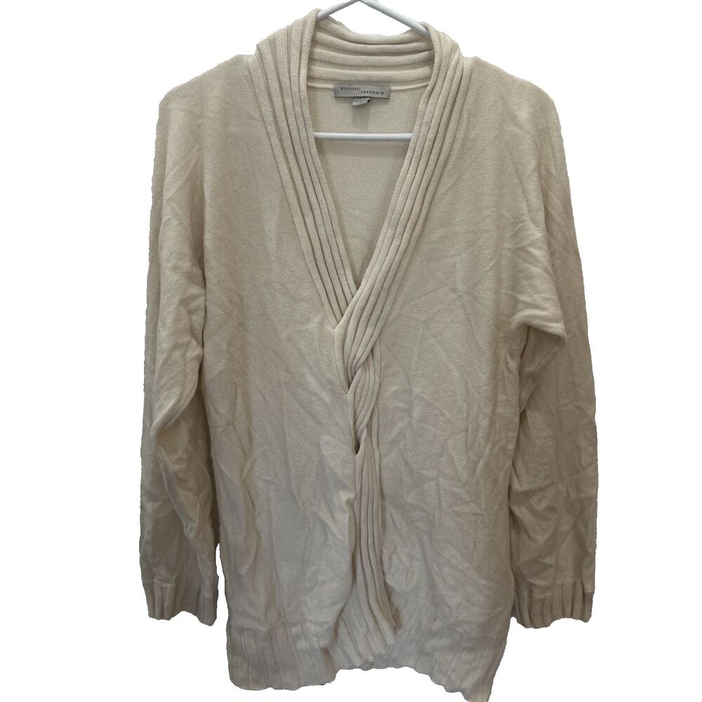 KINROSS Cashmere Ruffle Trim Open Knit Cardigan Cream Medium